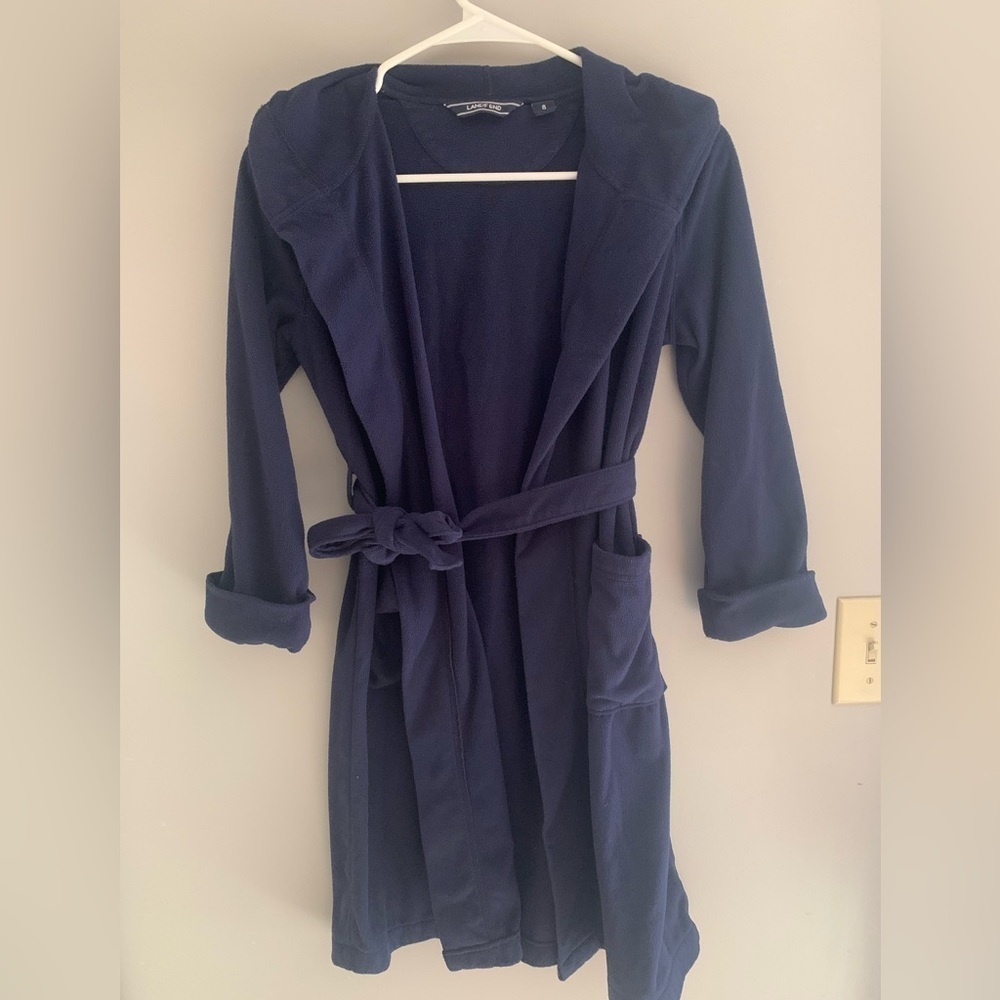 Womens Lands End Blue Fleece Long Sleeve Hooded Tie Pockets Comfy Lounge Robe 8